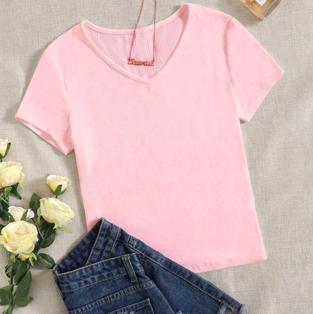 Shein Vneck Ribbed Knit Pink Short Sleeve Tee Shirt Size XS Summer Spring Casual